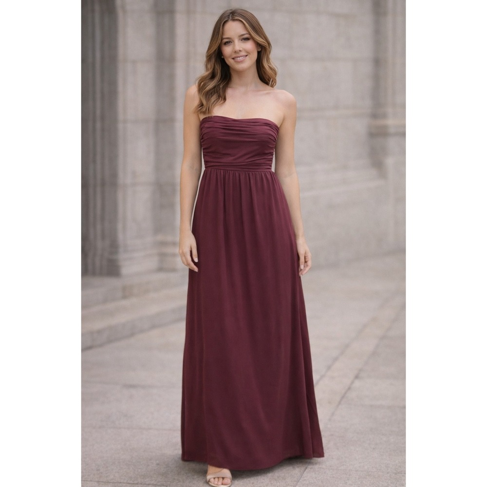 Lovers‎ and Friends Burgundy Strapless Ruched Maxi Dress Wine Bridesmaid Gown L
